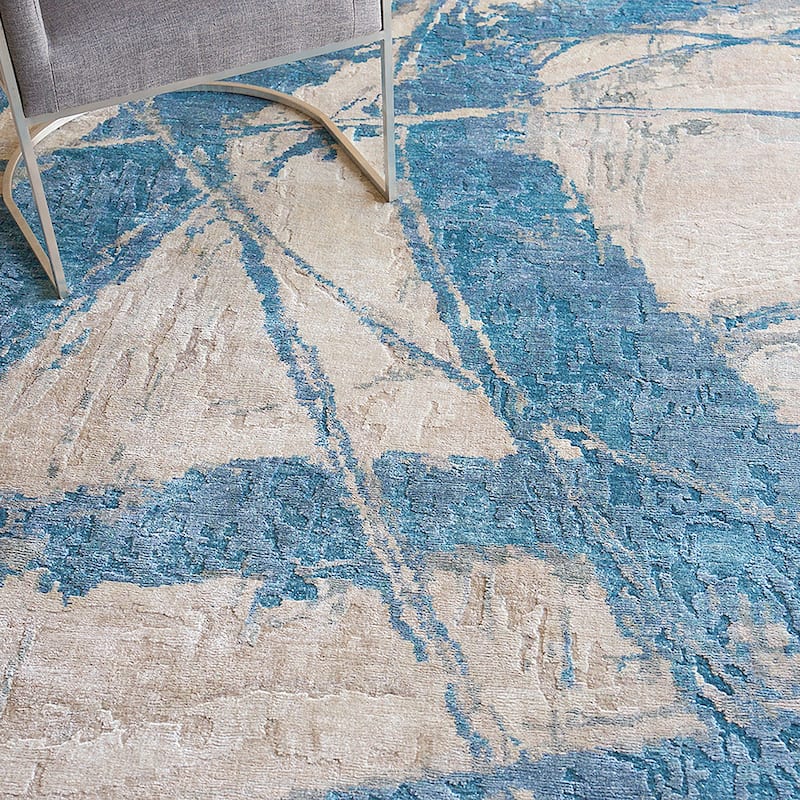 EXQUISITE RUGS Floor Art Hand-knotted Bamboo Silk Ivory/Light Blue Area Rug.