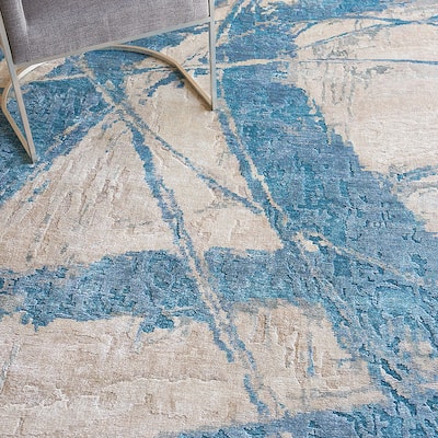 EXQUISITE RUGS Floor Art Hand-knotted Bamboo Silk Ivory/Light Blue Area Rug.