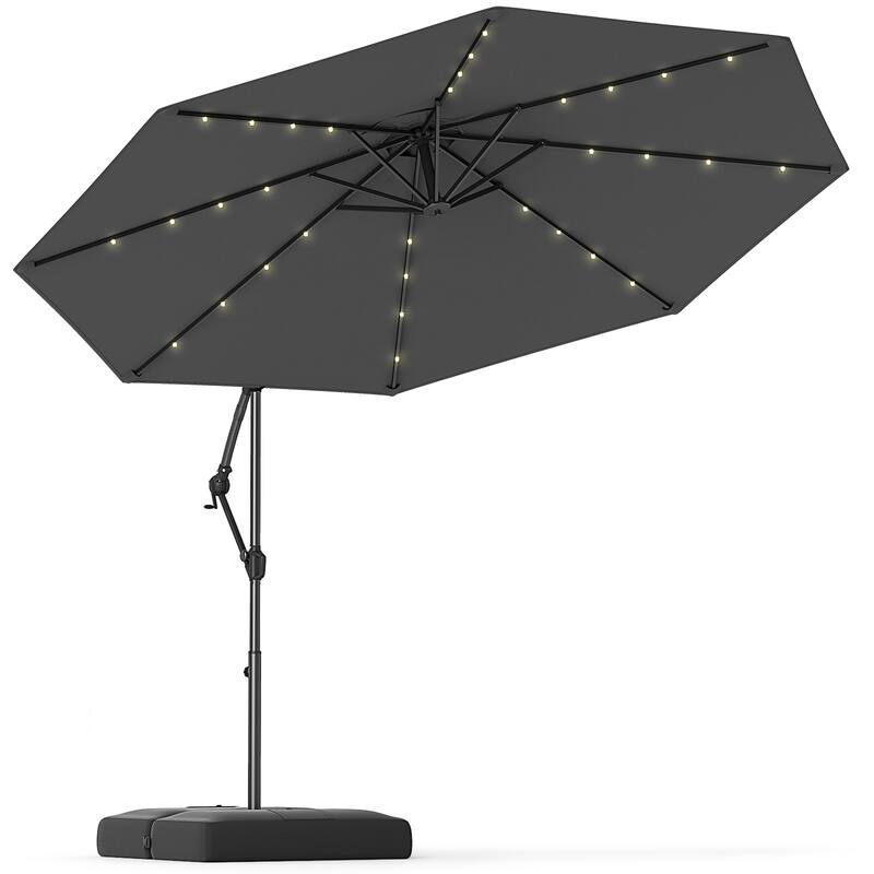 Large 10 Feet Patio Offset Umbrella with Stable Crossed Base and Solar LED Lights for Outdoor