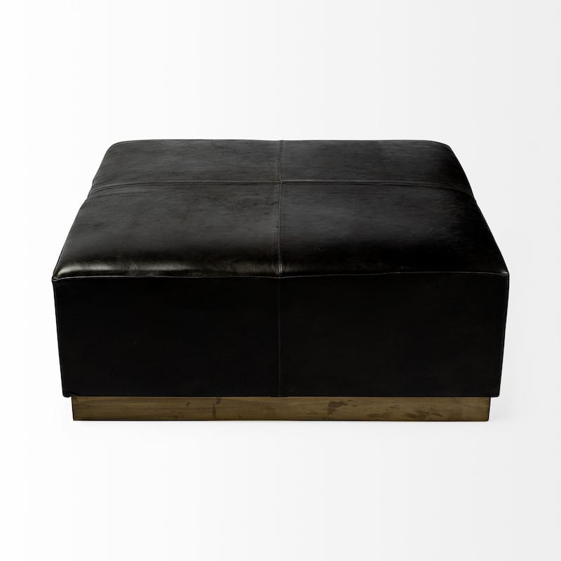 Minara Black Genuine Leather w/ Gold Metal Base 36" Square Ottoman