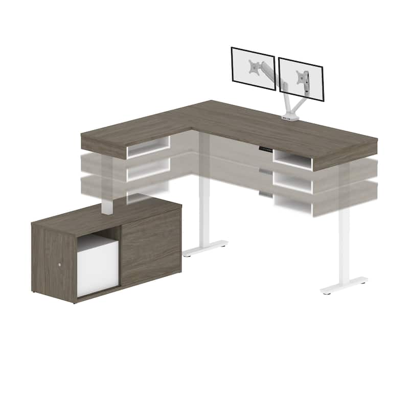 Bestar Pro-Vega 81W L-Shaped Standing Desk with Monitor Arm and Credenza