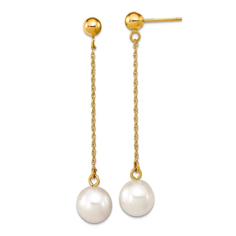 Curata 14k Yellow or White Gold 7-8mm Round Cultured Pearl Linear Dangle Earrings - 42x8mm