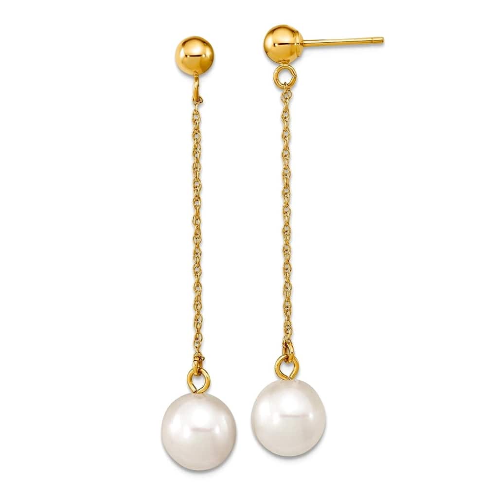 Curata 14k Yellow or White Gold 7-8mm Round Cultured Pearl Linear Dangle Earrings - 42x8mm