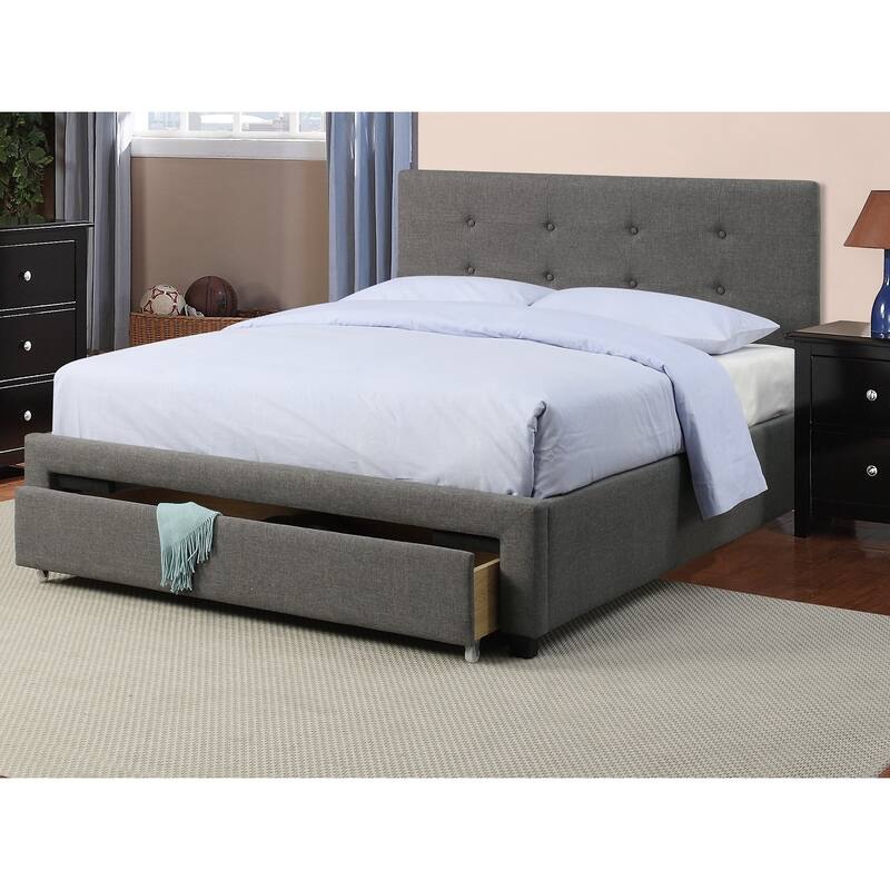 Full Size Modern Bed with Tufted Headboard and Storage Drawer, Grey Polyfiber Finish