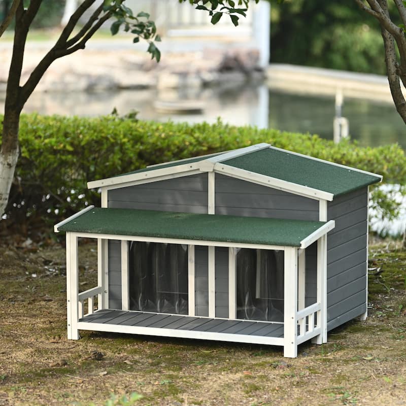 Outdoor Wooden Elevated Dog House Pet House with Porch, 2 Doors, Ventilated, Waterproof, Suitable for Small and Medium Dogs