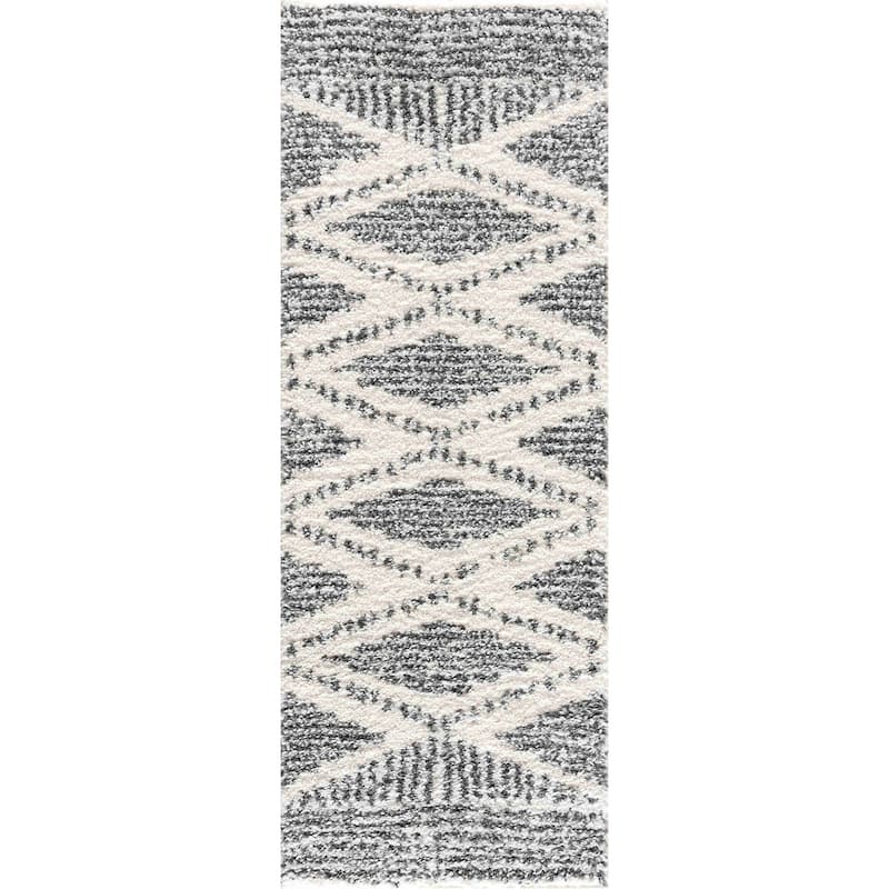 Hauteloom Lux Shag Collection Moroccan Farmhouse Shaggy High Plush Pile Area Rug - 2'7" x 7'3" - Charcoal, Grey, Black, Cream