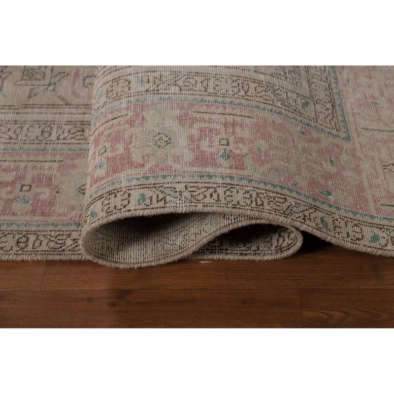 Geometric Beige Tabriz Persian Vintage Rug Hand-Knotted Wool Carpet - 7'10" x 11'0"
