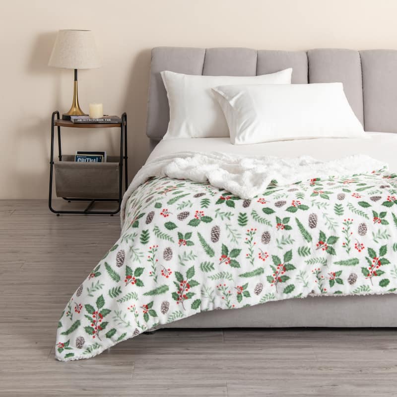 Linery & Co. Velvet Plush Fleece Reversible Sherpa Holiday Printed Throw. - 50" x 60" Throw - Little Holly
