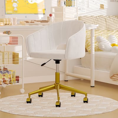 VECELO Multipurpose White 360° Swivel Office Chair Height Adjustable Gold Base Sturdy Task Chair for Home Office Salon