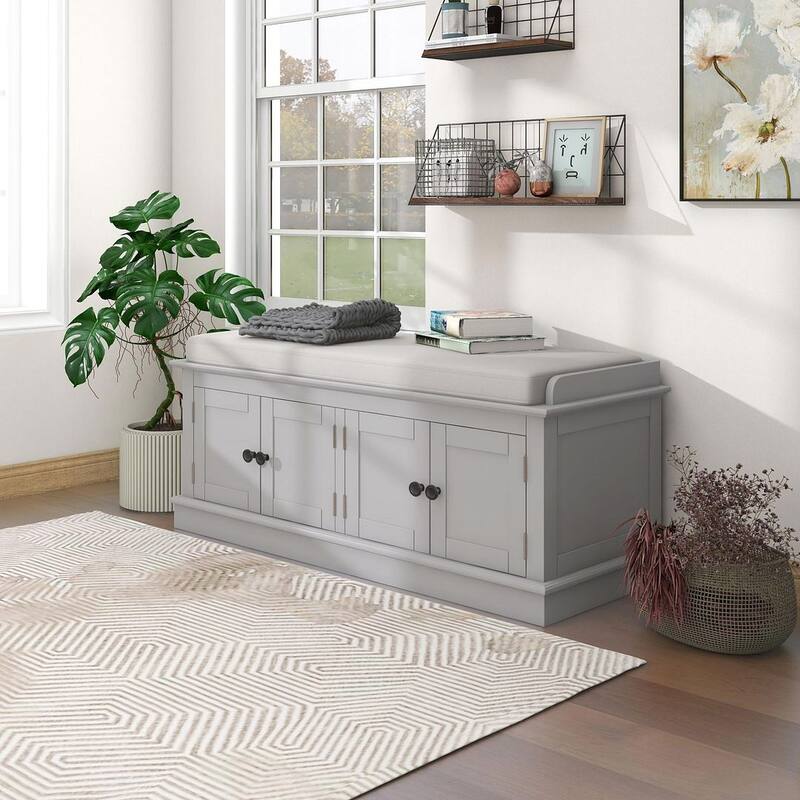 42.70" Modern Versatile Entry Upholstered Storage Bench with 4 Doors, Adjustable Shelves and Shoe Racks