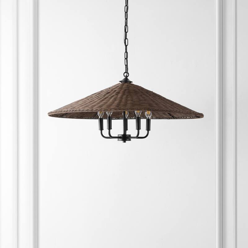 SAFAVIEH Lighting Aureliea 5-Light Wicker Pendant Chandelier (LED Bulbs Included) - 30 In. x 30 In. x 17-76 In.