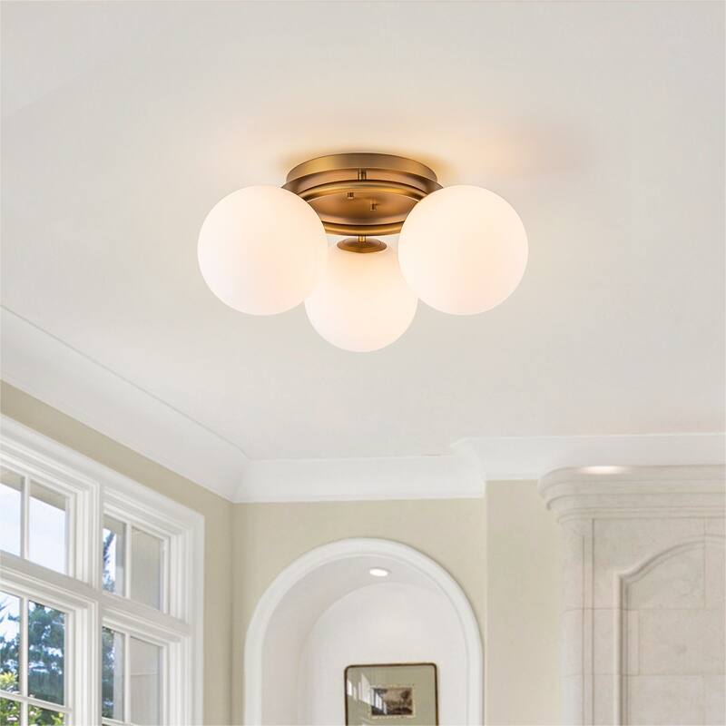 Modern 3-Light Flush Mount Ceiling Light with Opal Glass Globe Shades - Brass