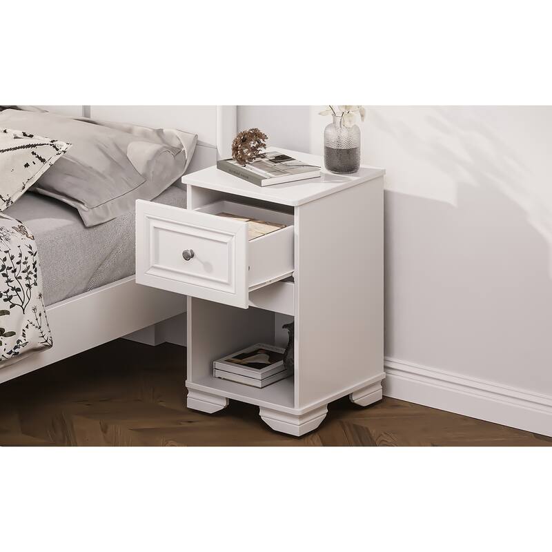 Nightstand With Drawer And Open Shelf, Retro Style Bedside Table With Classic Design And Metal Handle