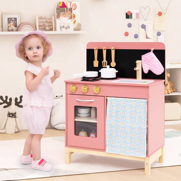 Pink Solid Wood Kids Kitchen Playset with Accessories and Storage - 21" × 11.5" × 29"