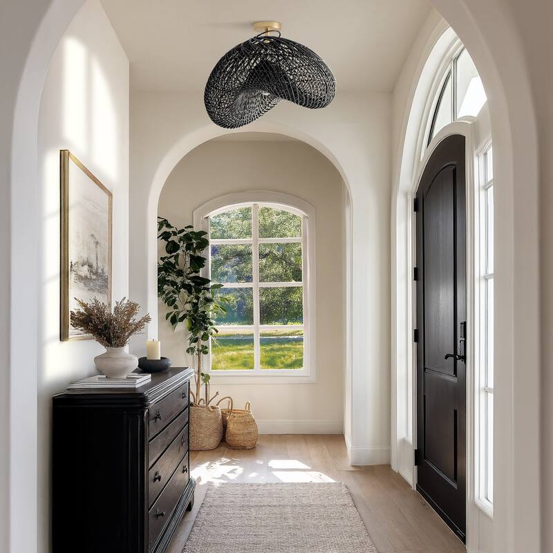 Lucian Rattan Flush Mount - Rattan Black 1-Light Handwoven Ceiling Light for Bedroom or Dining Room in Farmhouse, Country Style