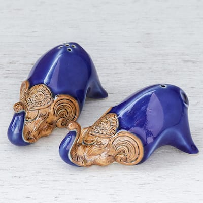 Novica Handmade Crouching Elephants In Blue Ceramic Salt And Pepper Shakers (Pair)