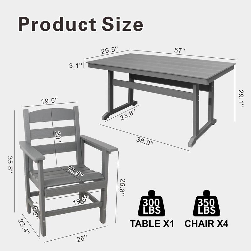 5-Piece HDPE Patio Dining Table Set, Outdoor Dining Furniture Set with 4 Chairs, Garden Outdoor Dining Table and Chairs