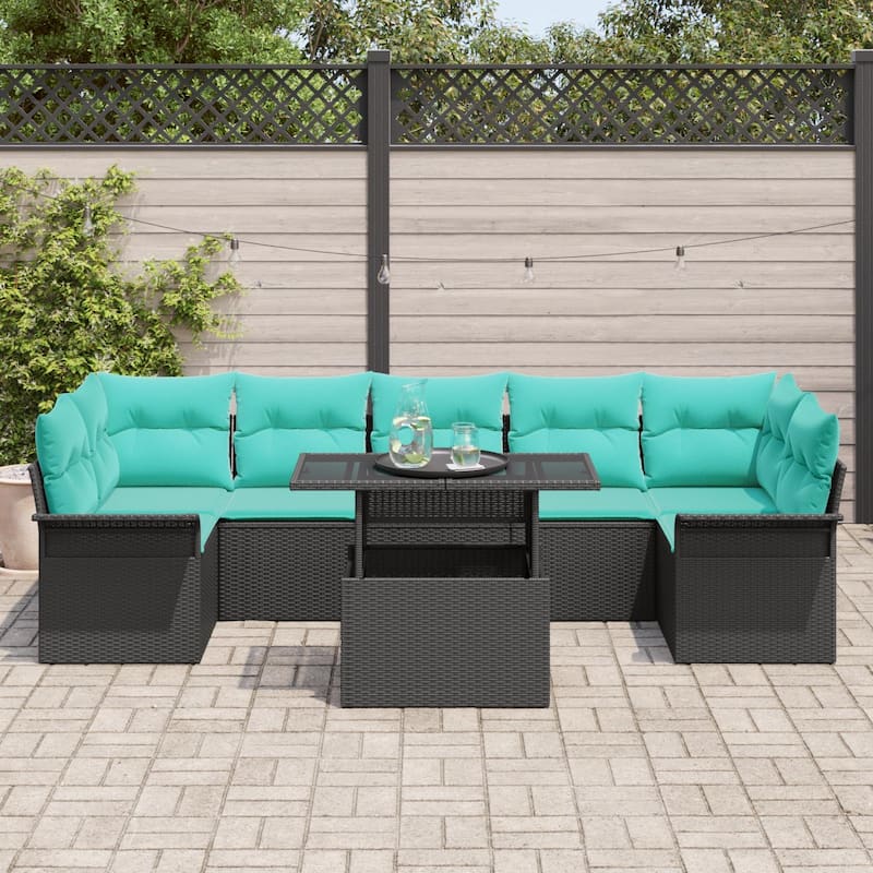 vidaXL 8 Piece Garden Sofa Set with Cushions Black Poly Rattan - 113.8×52.2×27.2