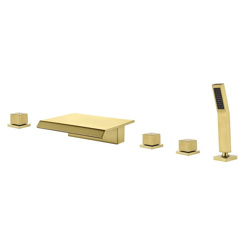 Waterfall Deck Mount Tub Faucet With Handheld Shower Brass Roman Bathtub Faucet Modern Tub Filler With Sprayer - Brushed Gold