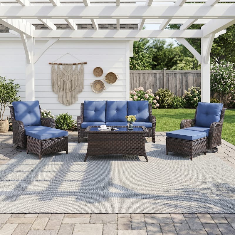Pocassy Outdoor 6 Pieces 3-Seat Sofa Swivel Chairs Table Ottoman - Brown Wicker - Blue cushion