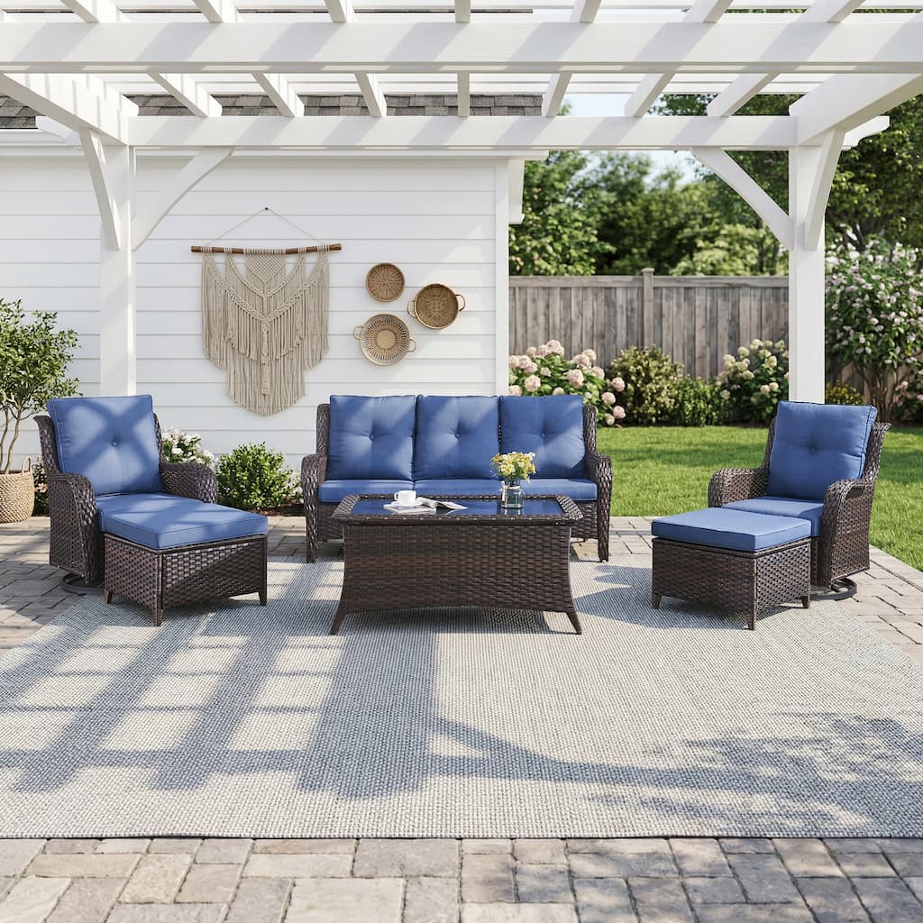Pocassy Outdoor 6 Pieces 3-Seat Sofa Swivel Chairs Table Ottoman