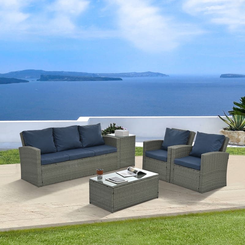 Seasonal PE Wicker Furniture set 5 piece With Tempered Glass Table Top