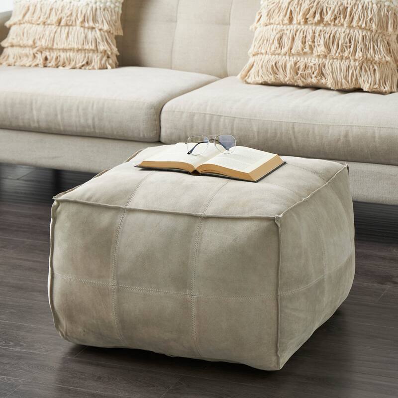 Gray Leather Low Profile Square Pouf with Patchwork Design - Gray - 28"W, 19"H