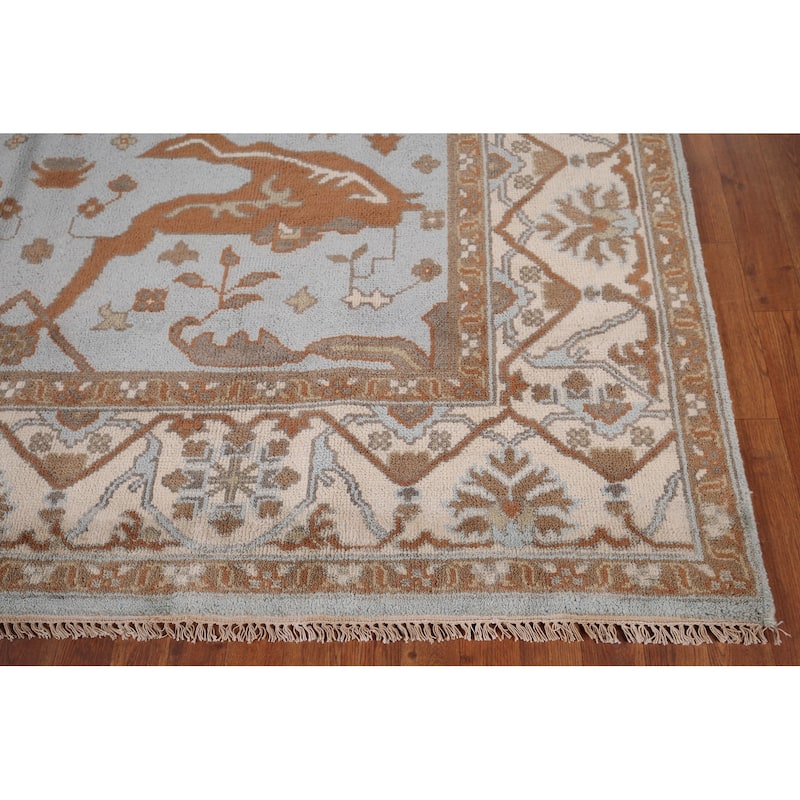 Light Blue Oushak Indian Area Rug Hand-Knotted Wool Carpet - 8'1"x 9'11"