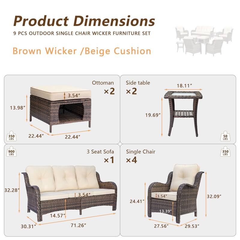 Brown Wicker Outdoor Patio Conversation Seating Sets with Beige Cushions