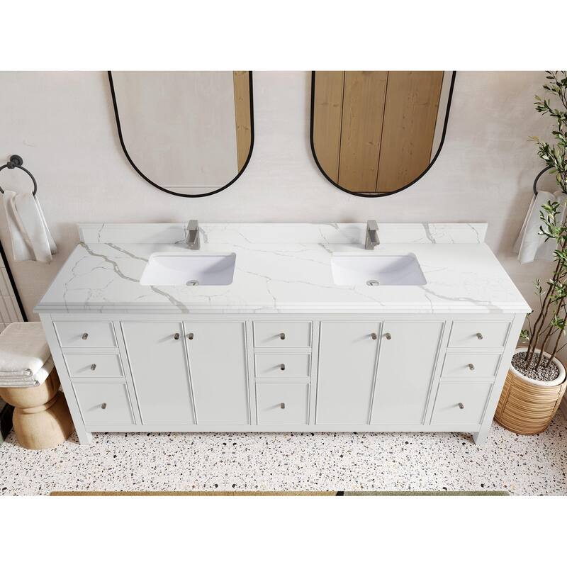 Willow Collections 84 in. W x 22 in. D Chicago Double Bowl Sink Bathroom Vanity with Countertop - 1.5” Calacatta Laza - White