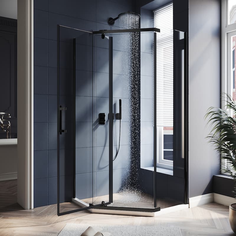 Elegant Corner Shower Enclosure 36 1/2 in. W x 72 in. H Neo-angle Sliding Shower Door 1/4 in. Tempered Glass with Shower Base - Matte Black