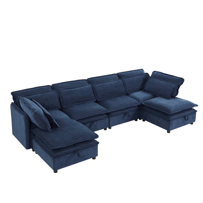 124.4" Polyester U-Shaped Modular Sleeper Sofa with Storage & Double-Layer Cushions