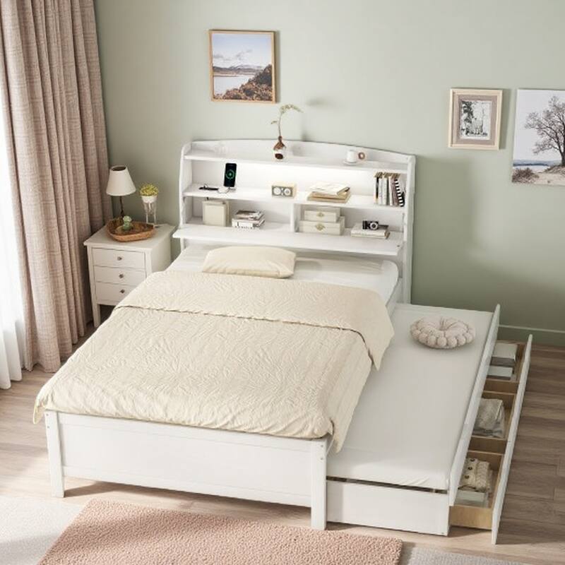Full Platform Bed with Pull-Out Trundle, LED Headboard Lighting, USB Charging Ports, Flip-Up Storage, and Under-Bed Drawers - White - Full