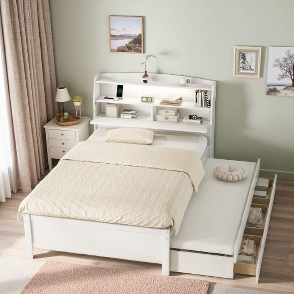 Full Platform Bed with Pull-Out Trundle, LED Headboard Lighting, USB Charging Ports, Flip-Up Storage, and Under-Bed Drawers