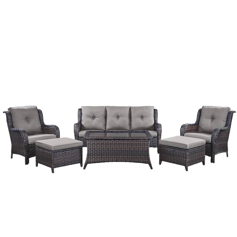 Pocassy 6 Pieces Outdoor 3-Seat Sofa Chairs Table Ottoman