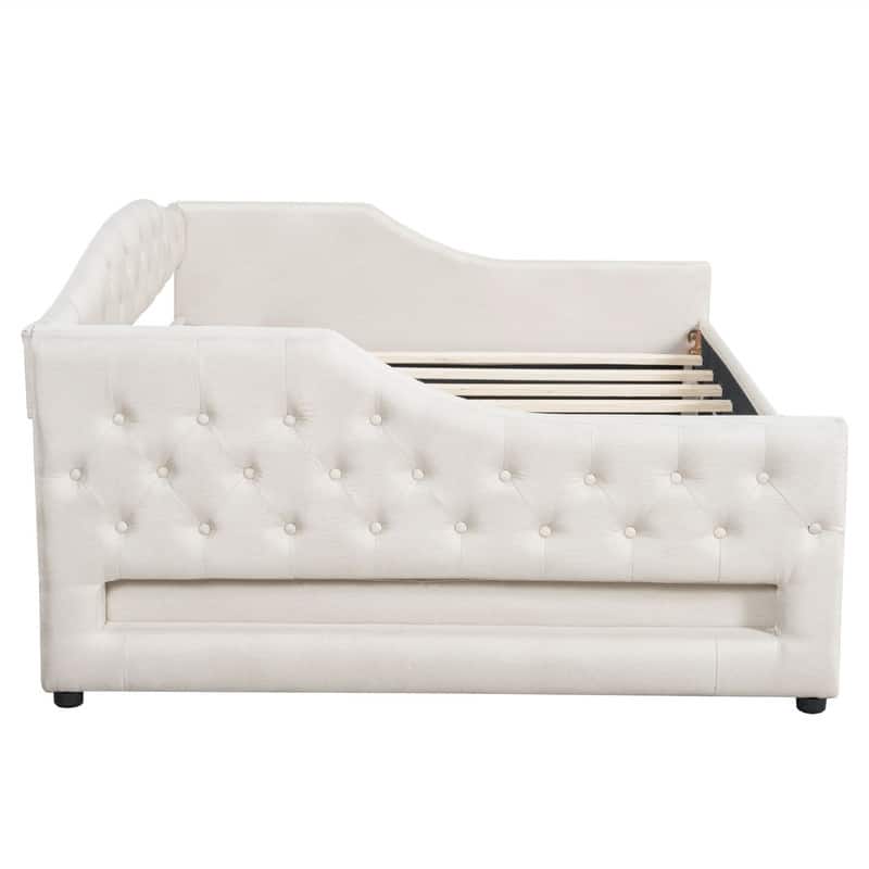 Full XL Size Daybed with LED Belt and Trundle, Upholstered Daybed Frame Sofa Bed with Button Tufted Design and Slats Support