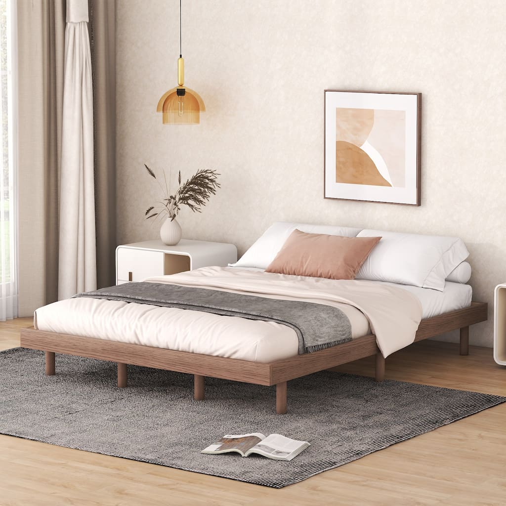 Floating Platform Bed with Rubberwood Legs and Plywood Slats