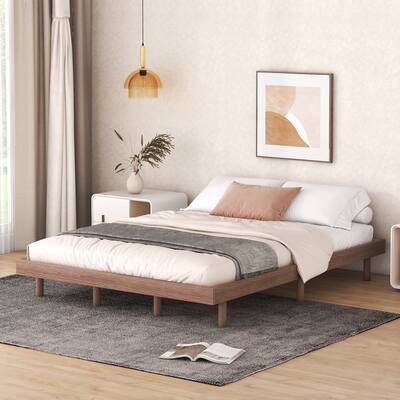 Modern Floating Platform Bed with Rubberwood Legs and Plywood Slats