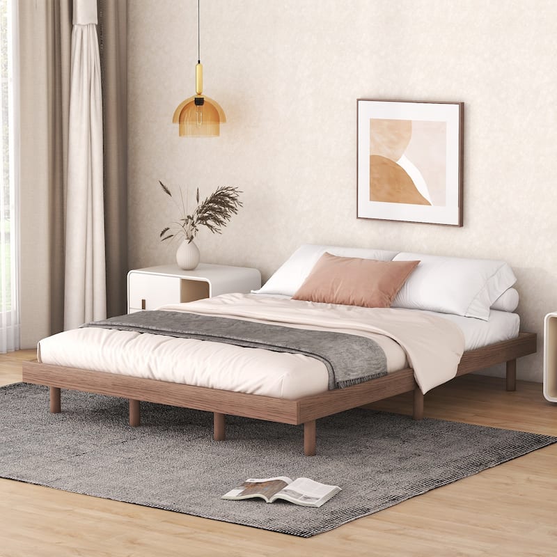 Queen Size Floating Platform Bed with Rubberwood Legs and Plywood Slats