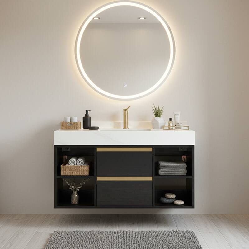 Modern Wall-Mounted Bathroom Vanity with Faux Marble Top and MDF Cabinet, Single Sink - Wood Finish - White/Black