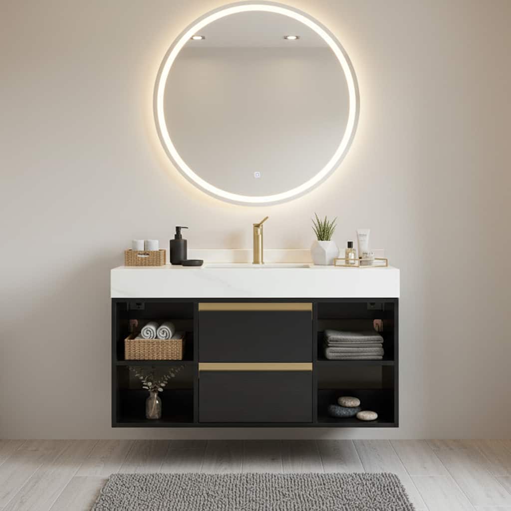 Modern Wall-Mounted Bathroom Vanity with Faux Marble Top and MDF Cabinet, Single Sink