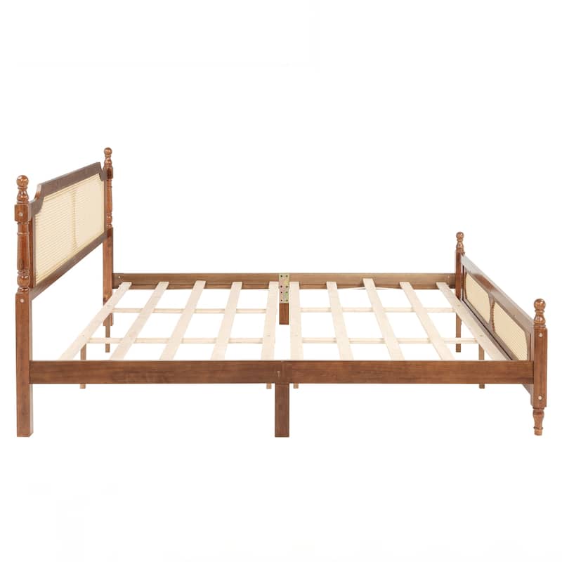 King Pine wooden Bed with Rattan Headboard and Footboard, with Central Enhanced Bed Platform