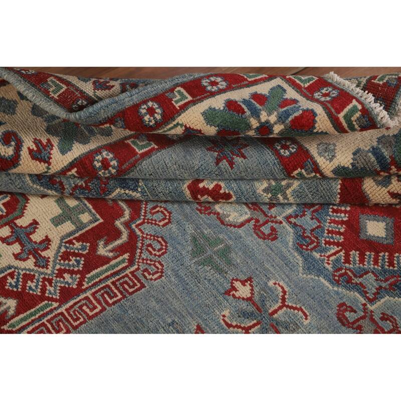 Blue Geometric Kazak Area Rug Hand-Knotted Wool Carpet - 4'11" x 6'4"
