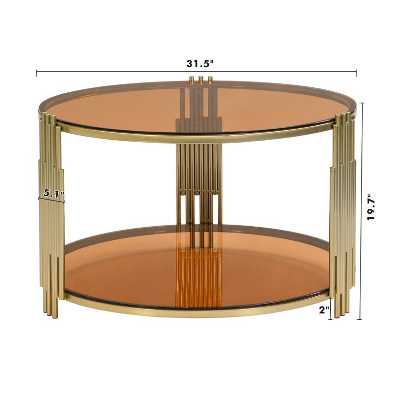 31.5" Tempered Glass Coffee Table with Asymmetrical Metal Design and Lower Shelf