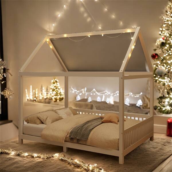 slide 2 of 12, Wood Full Size House Bed with Guardrail and LED Light, White White