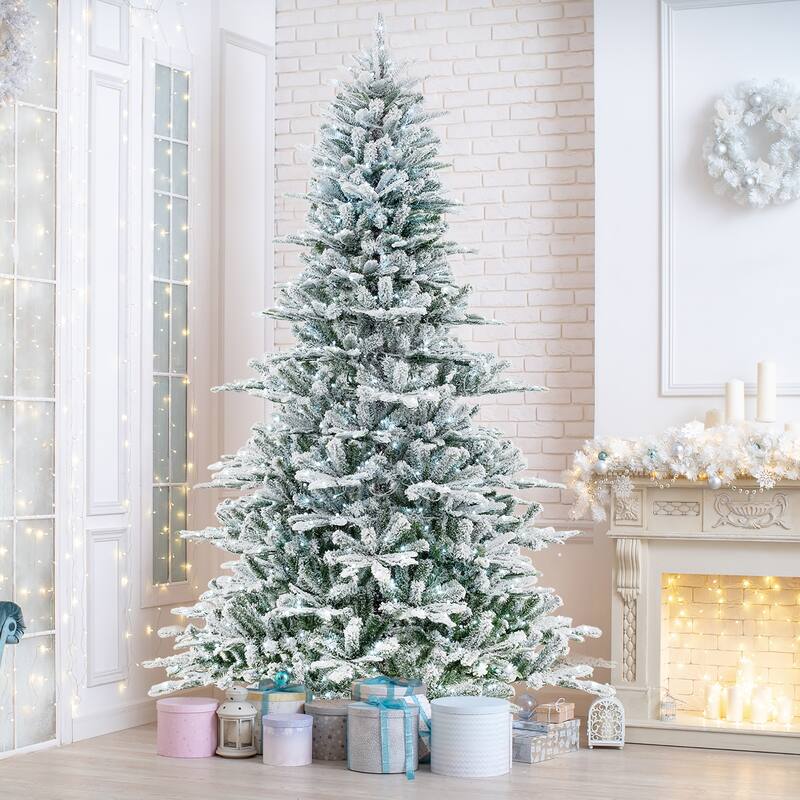 Gymax 6/7/8 FT Snow Flocked Christmas Tree w/ 661/1119/1447 PVC & PE - 8 Foot