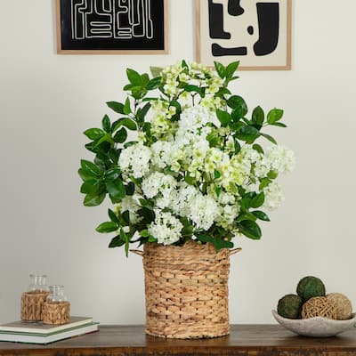 Mixed Flower Artificial Arrangement in Weave Basket - 31" - White and Green