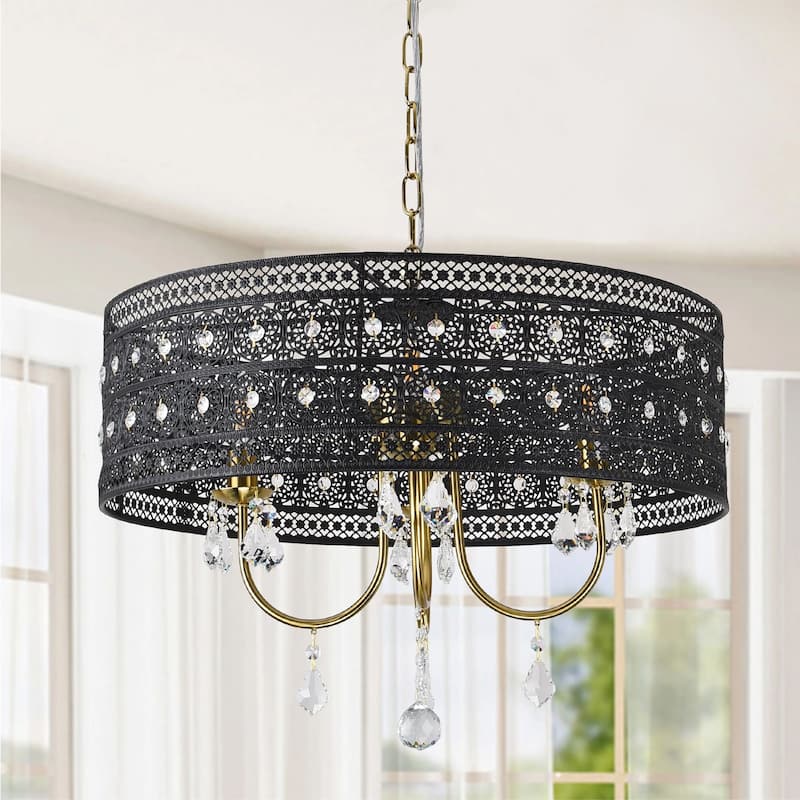 4-Light Elegant Black Lace - Trimmed Crystal Chandelier with Gold - Tone Hardware for Home Decoration - Matte Black