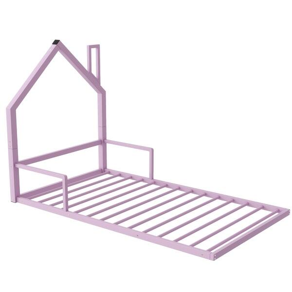 slide 2 of 9, Twin Size Metal Floor Bed With House-Shaped Headboard, Pink Pink
