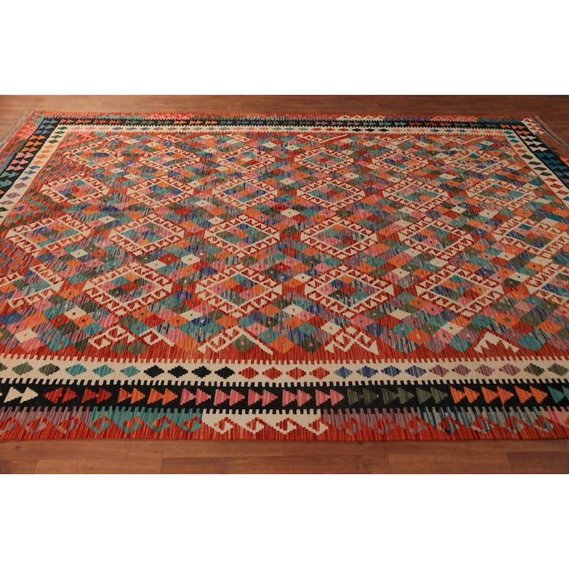 Orange Geometric Kilim Oriental Area Rug Wool Carpet - 8'5"x 11'4"